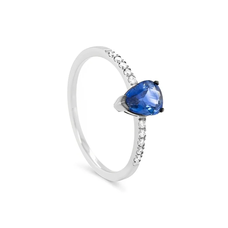 Bague or blanc 18k - Saphir bleu - diamants