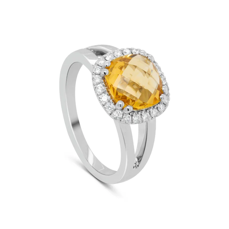 Bague citrine or blanc 18 carats avec diamants Solea