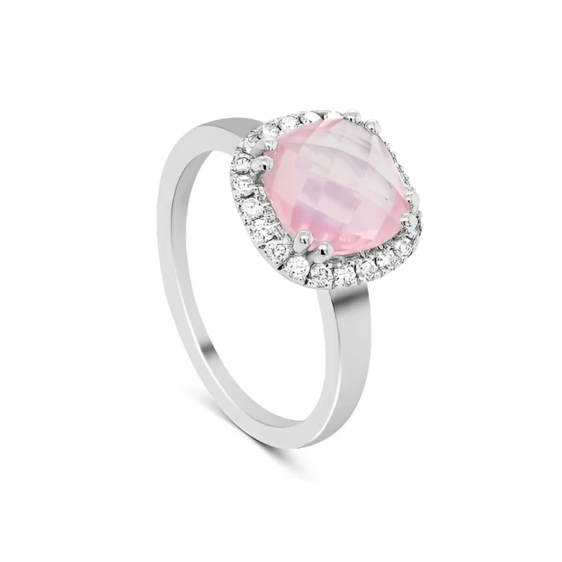 Bague Idylle en Or blanc 18 carats sertie d'un quartz rose et de diamants